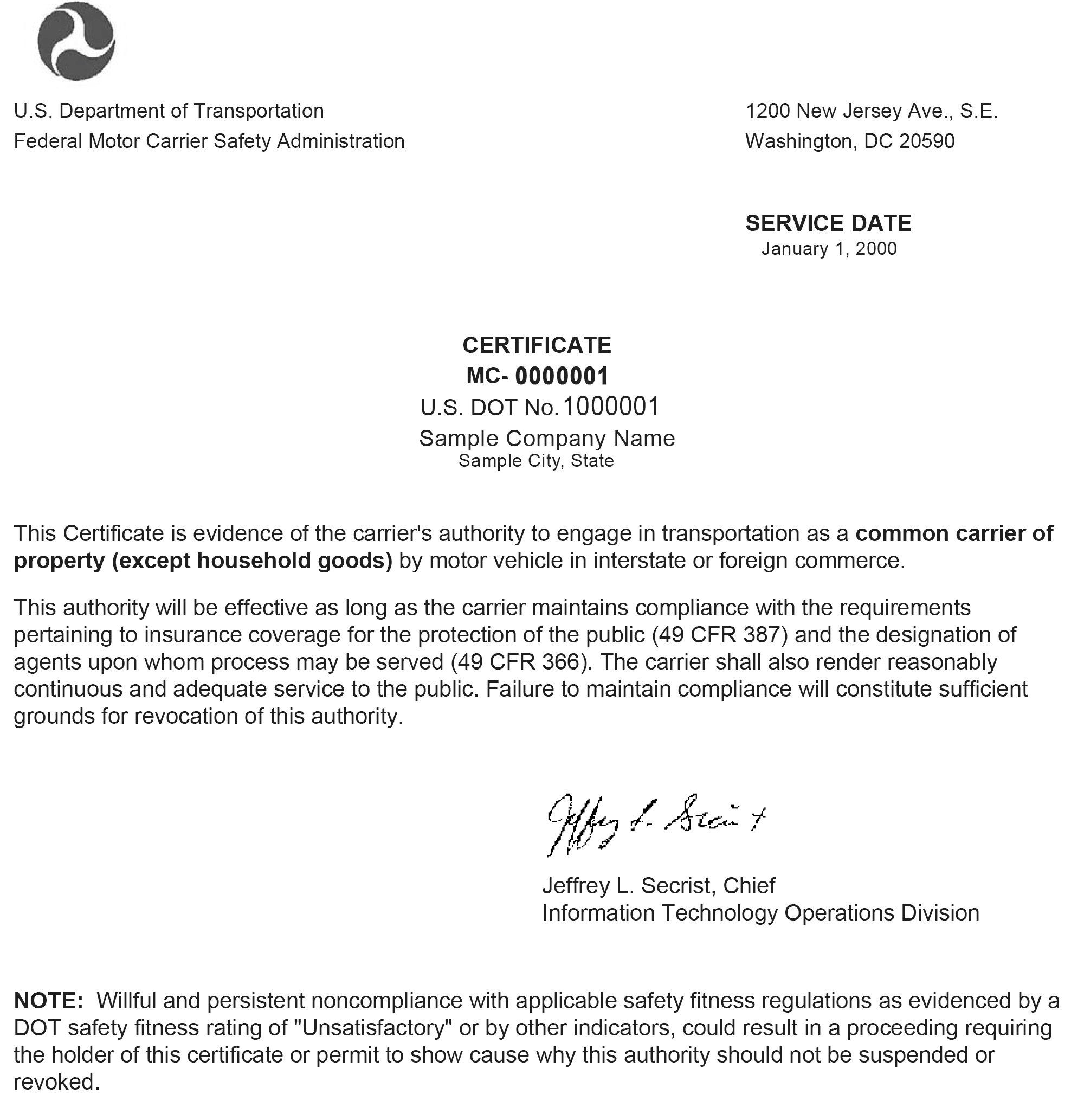 FMCSA Authority Certificate